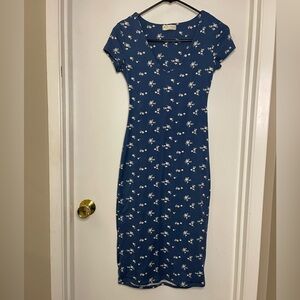 Blue and White Floral Midi Bodycon Dress